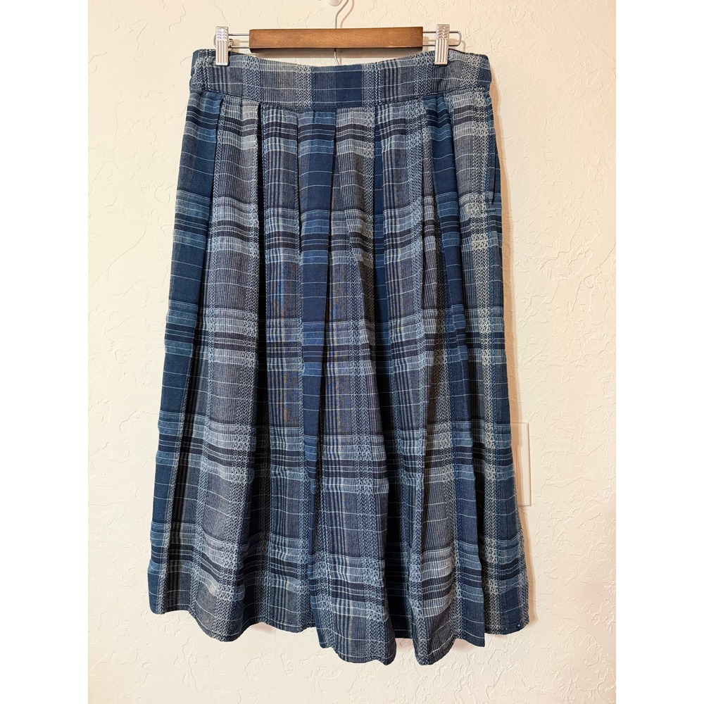 Max Studio Plaid Pleated Midi Skirt Small Blue Gray Tartan Academia Cottagecore